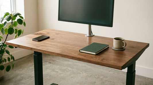 Solid walnut standing desk in a Canadian home office with a phone charging on the left side of the desktop
