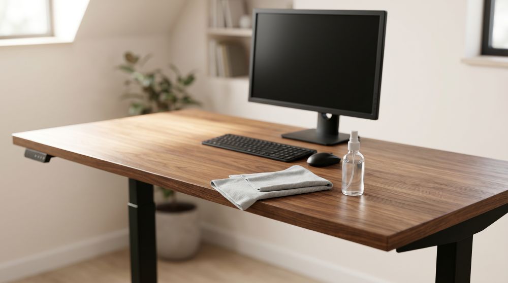 A tidy walnut standing desk with a folded microfibre cloth and a spray bottle of cleaner resting on the surface
