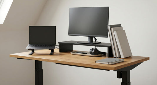 A tidy home office desk with a monitor on a riser, a small tray with stationery, a laptop on a stand, and neatly bundled cables.