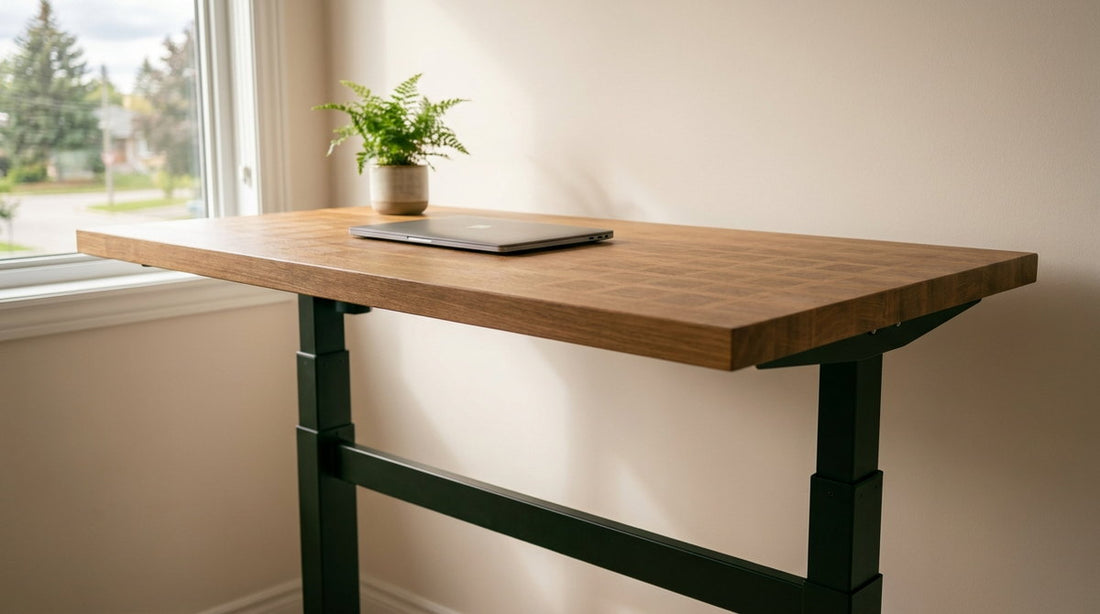 A standing desk with a pressed reclaimed-material desktop in a Canadian home office.