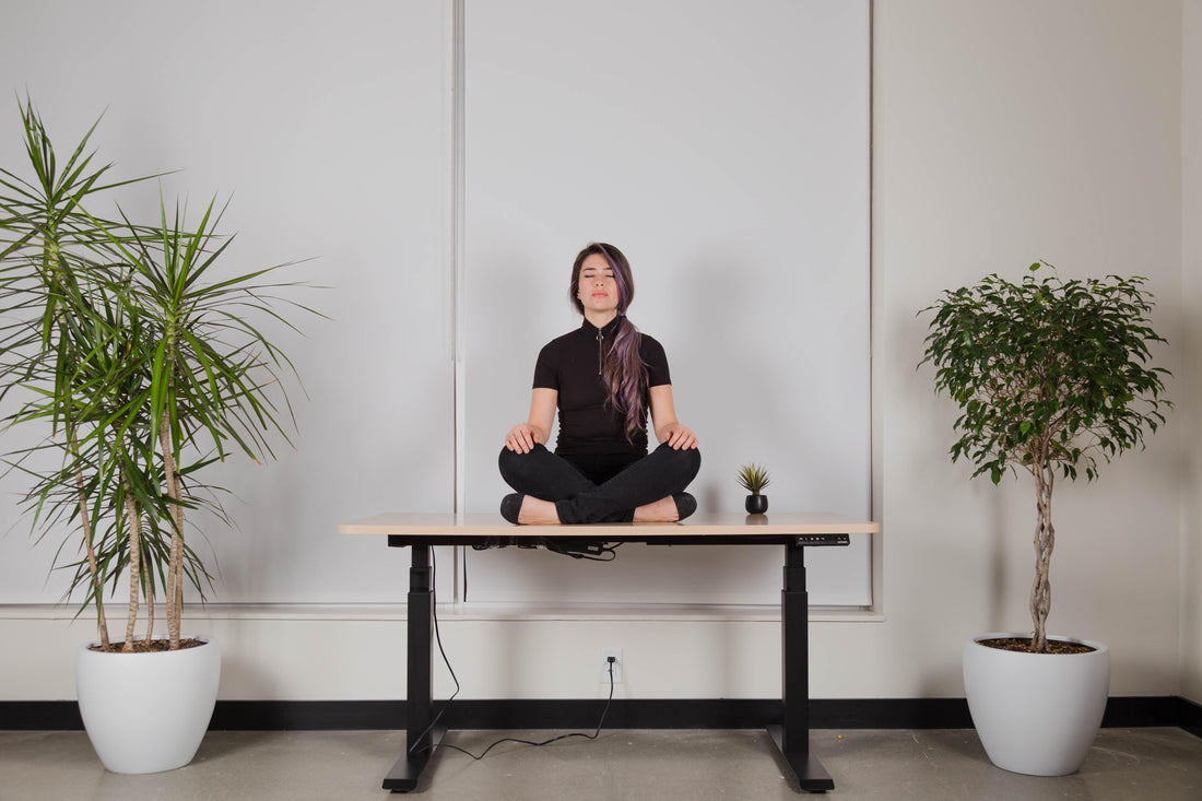 Woman sitting on electric standing desk from EFFYDESK