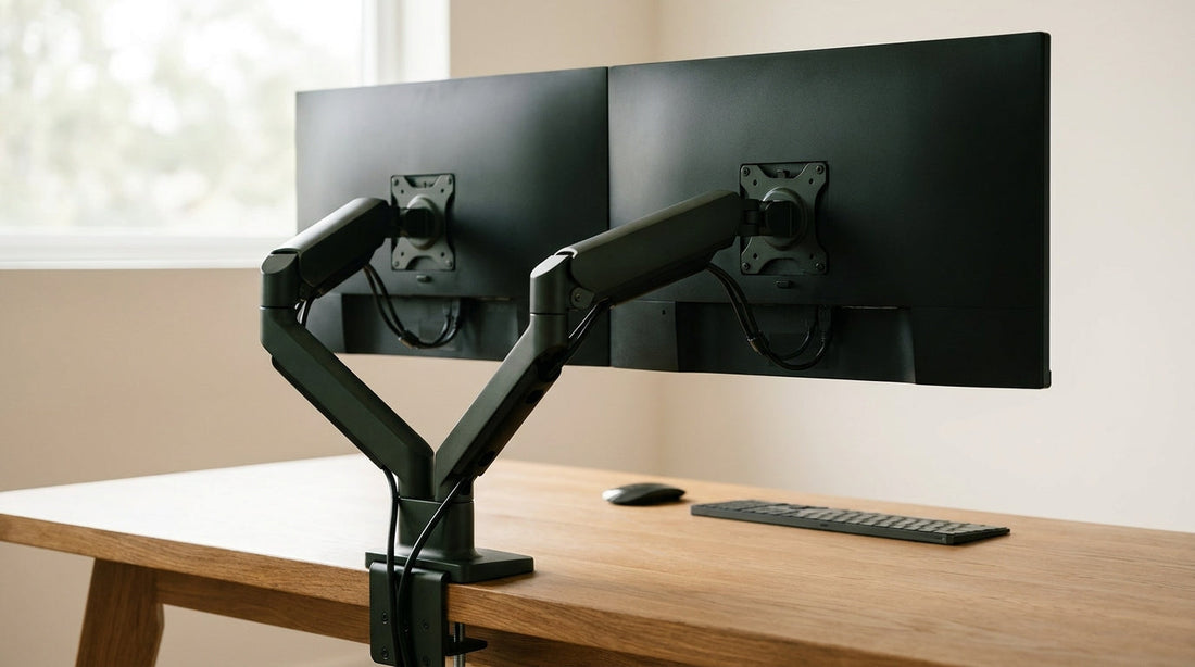 A dual monitor arm holds two screens at a matched height and clears the desk surface.