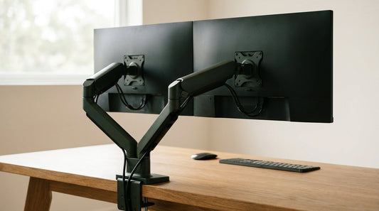 A dual monitor arm holds two screens at a matched height and clears the desk surface.