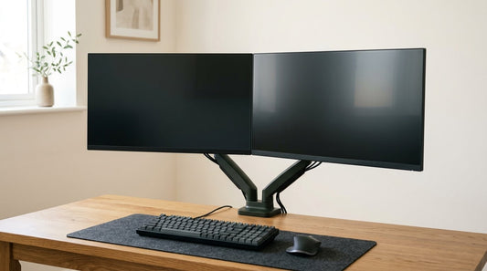 Two monitors on a dual arm, gentle inward curve, dark matte arm on warm oak, cable management, screens off, warm off-white wall.